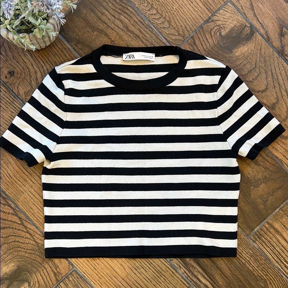 Zara / Monochrome Navy & White Striped Cropped Top